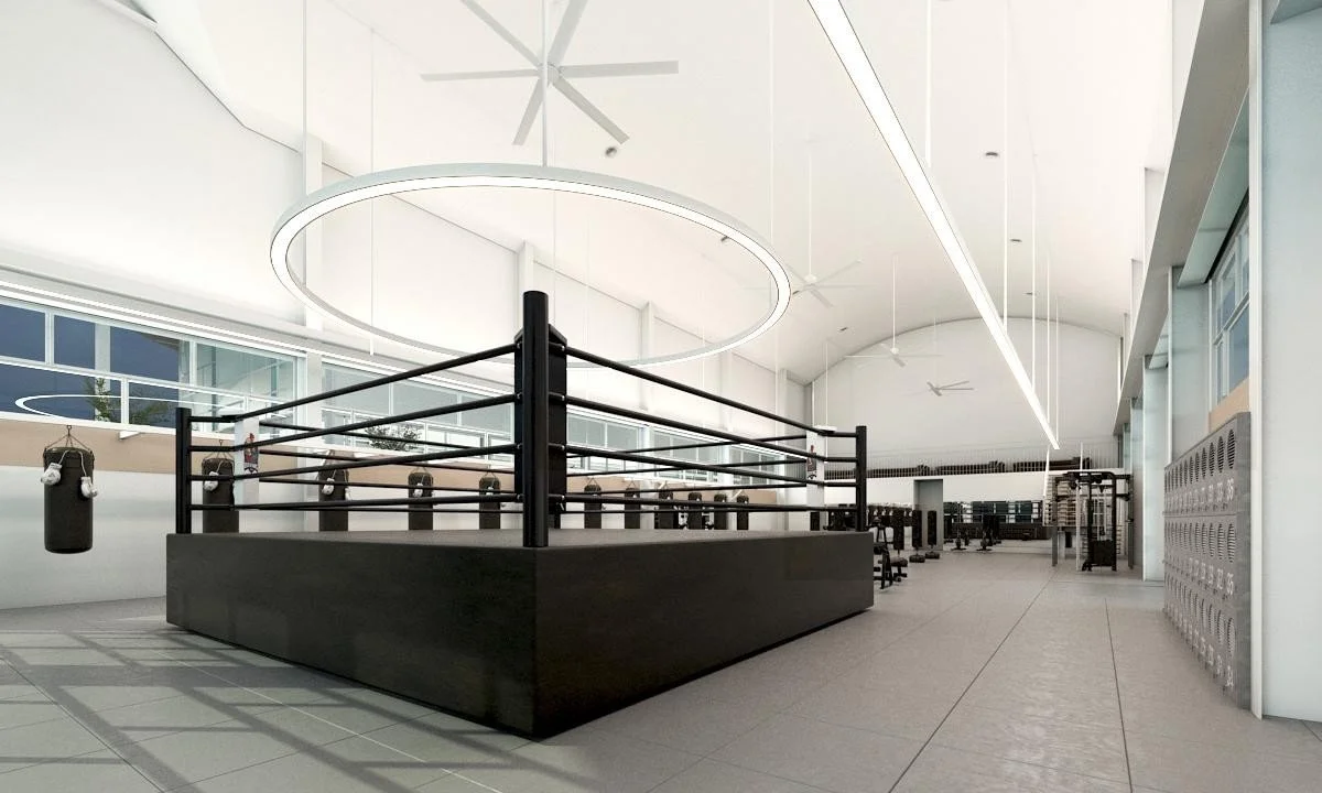 Architectural render of CORE’s dedicated Muay Thai training space and ring