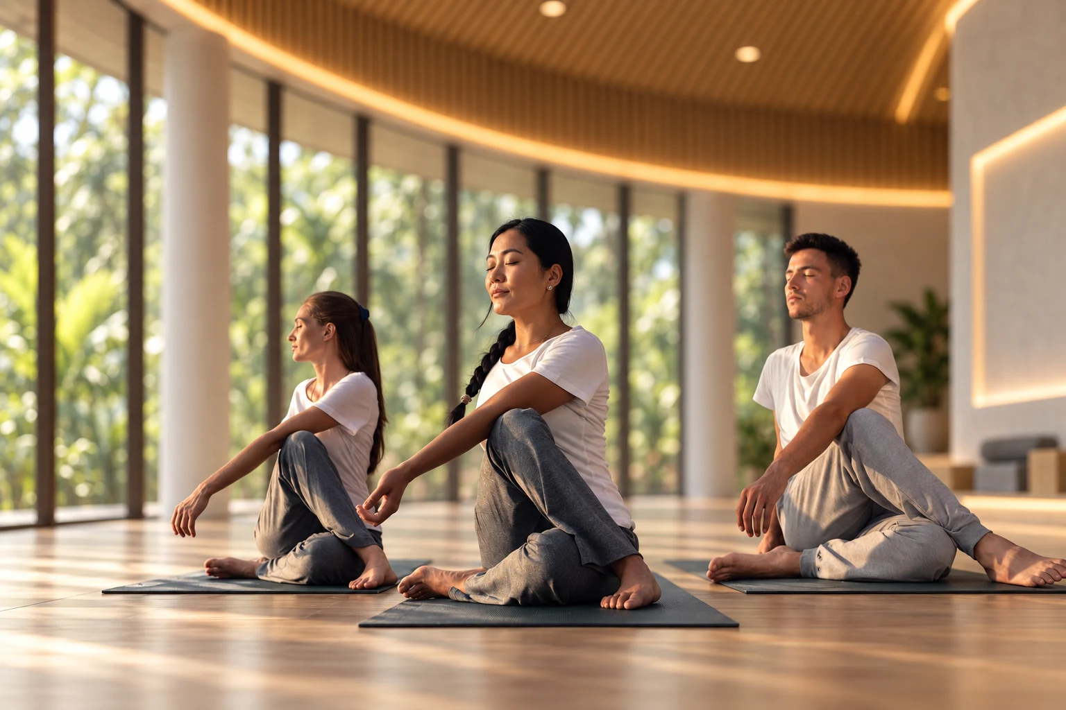 Supplied concept image of a small group practising seated Yoga